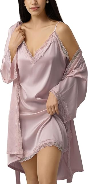 Women's 2-Piece Sleepwear Set Sexy Lace Trimmed V-Neck Camisole Dress and Lace Robe