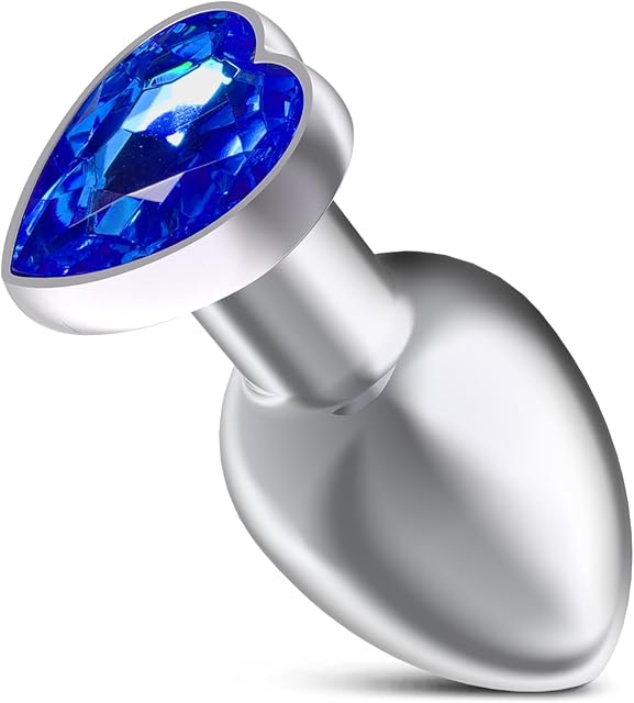 Heart Shaped Anal Butt Plugs, Metal Anal Trainer with Crystal Diamond, Personal Massager Unisex Adult Sex Toys (Blue L)
