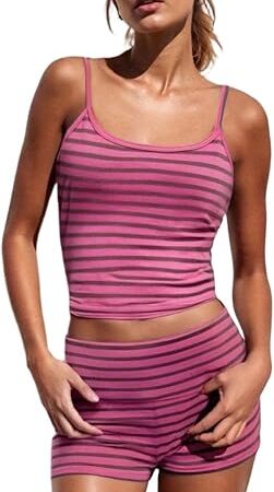 Women Summer Y2K Sexy Striped Pajama Set Backless Fit Strap Crop Cami Tank and micro Shorts Cute PJ Sets