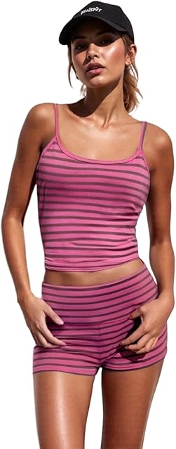 Women Summer Y2K Sexy Striped Pajama Set Backless Fit Strap Crop Cami Tank and micro Shorts Cute PJ Sets