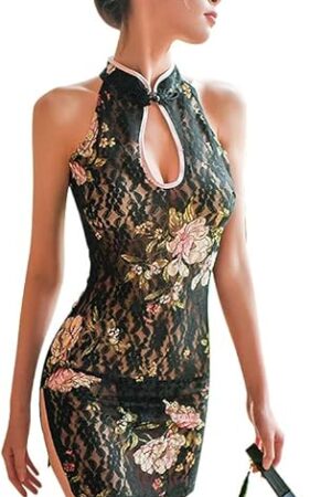 Womens Sexy Keyhole Cheongsam Lingerie See Through Lace Floral Babydoll High Split Nightwear