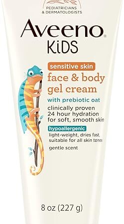 Aveeno Sensitive Skin Face & Body Gel Cream for Kids with Prebiotic Oat, Clinically Proven 24 Hour Hydration for Soft Skin, Quick Drying and Lightweight, Hypoallergenic, 8 oz