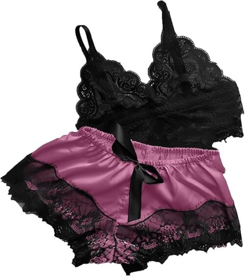 Womens Sexy Silk Satin Lace Pajamas Sets Cami Tank Crop Top Shorts Sets Sleepwear Boudoir Lingerie Sleep Loungewear