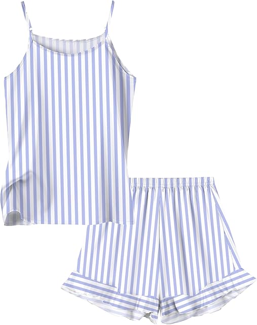 Girls & Women Sexy Silk Satin Ruffled Pajamas Sets 2Pj Silk Nightwear Shorts Pjs Set Sleepwear