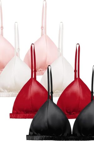 100% Women's Silk Satin Triangle Bralette Soft Cup Wireless Bra with Removable Pad (4 Packs, Black-White-Red-Pink)