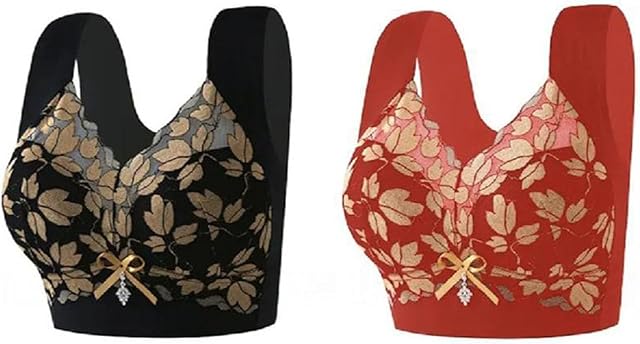 2 Pack Wireless Floral Lace Bras for Women Push Up Full Coverage Breathable Cotton Everyday Bra for Seniors