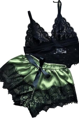 Womens Sexy Sheer Lace Pajamas Exotic Lingerie Set Sleepwear Cami Crop Tops Elastic Waist Shorts Lounge Sets