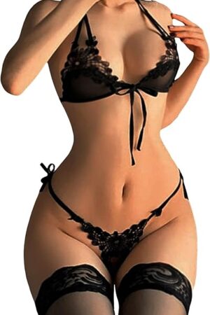 Womens Sexy Lingerie Womens Sexy Cute Push Up Strappy Embroidered Mesh Sheer Lingerie Set See Fishnet Bodysuit