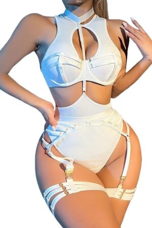 Women's Lingerie Set Linked Strappy with Chain Teddy Babydoll Bodysuit Underwire
