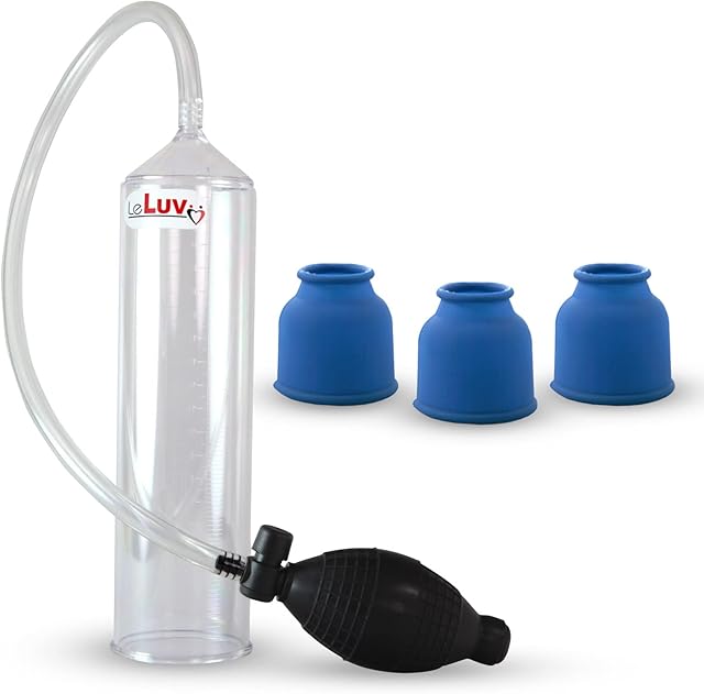LeLuv Easyop 2.25 Inch by 9 Inch Cylinder Penis Pump Black Bgrip Ball Handle Clear Graduated Cylinder/Clear Collapse-Resistant Hose + 3 Silicone Large Sleeves