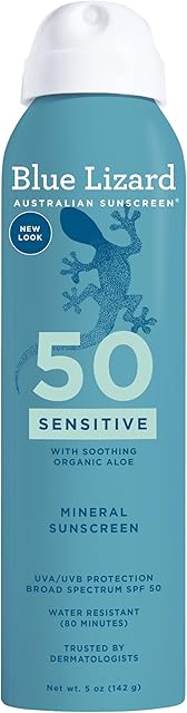 Blue Lizard Sensitive Mineral SPF 50 Spray, Dermatologist-Recommended Brand, Broad-Spectrum UVA/UVB Protection, Water-Resistant, Zinc Oxide Formula, 5 oz