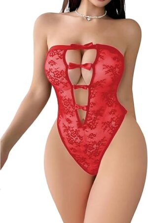 Women's Lace Mesh Teddy Bodysuits Hollow Out Strapless Babydoll Lingerie