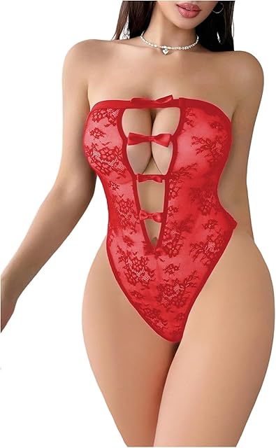 Women's Lace Mesh Teddy Bodysuits Hollow Out Strapless Babydoll Lingerie