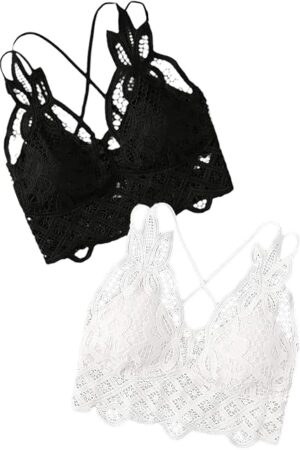 Women's Sexy Lace V Neck Criss Cross Back Bralette Crop Top