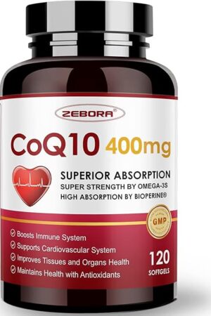 ZEBORA CoQ10-400mg-Softgels with PQQ, BioPerine & Omega-3, Coenzyme Q10(Ubiquinone) Supplement for High-Absorption, Powerful-Antioxidant, Support Heart & Energy-Production, 120 Servings