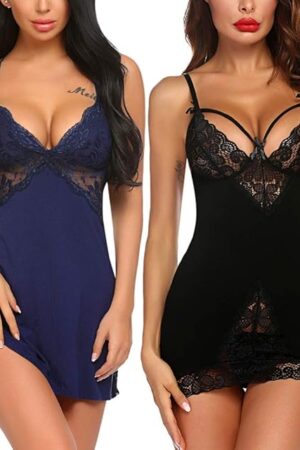 Women Chemises Lingerie Lace Babydoll Sleepwear Sexy Full Slips Mini Dress 2 Pack