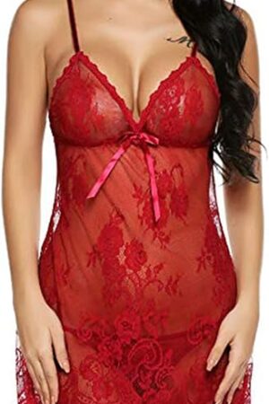 Women Sexy Lingerie Lace Babydoll Mesh V Neck Sleepwear See Through Strap Two Piece Chemise