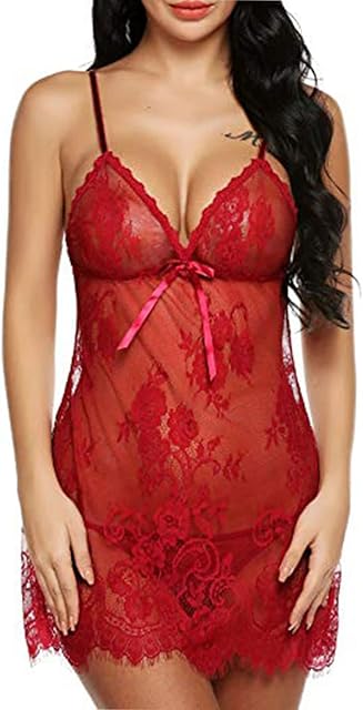 Women Sexy Lingerie Lace Babydoll Mesh V Neck Sleepwear See Through Strap Two Piece Chemise