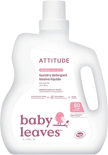 ATTITUDE Baby Laundry Detergent, EWG Verified Plant-Based Liquid, Unscented Baby Clothes Wash, HE Compatible, 80 Loads, 676 Fl Oz