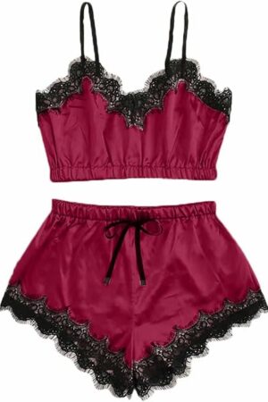 Womens Silky Pajama Sets 2 Piece Outfits Summer Sexy Lace Trim Cami Tops Shorts Soft Cute Camisole Lingerie Sleepwear