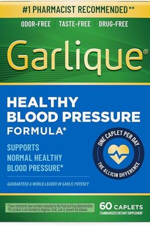 Garlique Garlic Extract Supplement, Healthy Blood Pressure Formula, Odorless & Vegan, 60 Caplets