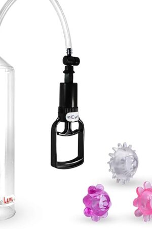 LeLuv Vacuum Pump Easyop Clear 2 Inch Diameter x 9 Inch Length Cylinder Tgrip Handle + 4 Stretchy Cock Rings