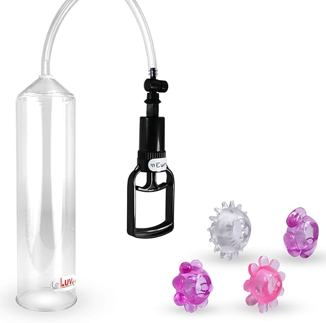 LeLuv Vacuum Pump Easyop Clear 2.25 Inch x 9 Inch Cylinder Clear Hose Tgrip Handle Clear Kink-Resistant Hose Bundle with 4 Stretchy Nubby Rings