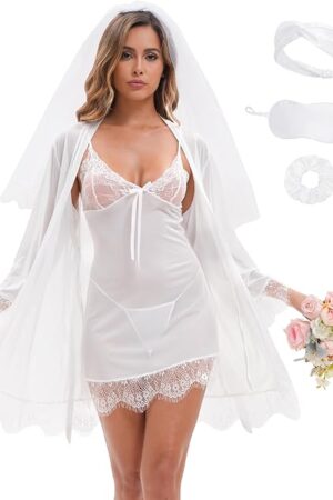 Bridal Lingerie Set for Women with Bride Robe Sexy Babydoll Lace Sheer Robes Mesh Nightgown Sleepwear for Wedding