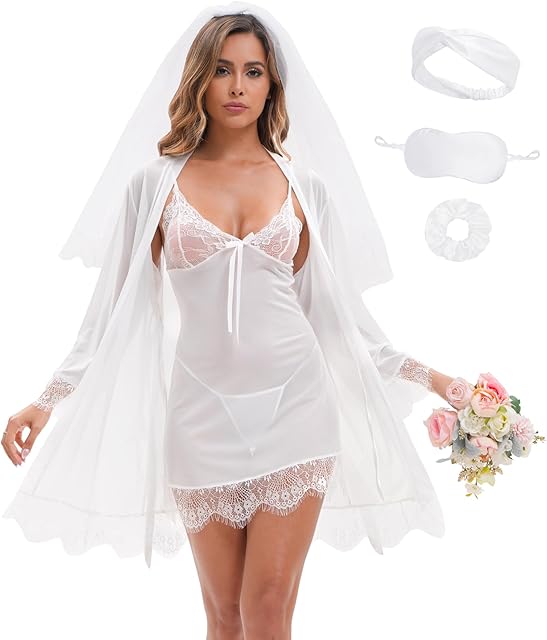 Bridal Lingerie Set for Women with Bride Robe Sexy Babydoll Lace Sheer Robes Mesh Nightgown Sleepwear for Wedding