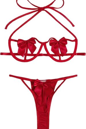 Women's Two Piece Underwire Lingerie Set Bow Knot Cut Out Halter Bra and Panty Sleepwear