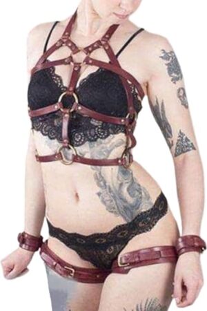 Womens Body Chest Harness Leather Caged Bodysuit Lingerie Sexy Gothic Adjustable Waist Leg Garter Body Bondage Strap BDSM SM Cosplay Club Party Dance Belt Set Bra Black