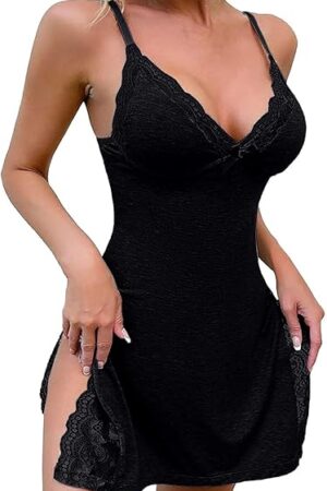 Women's Solid Color V Neck Lace Home Dress Fun Sleeping Slit Dress Suspenders Night Gowns for Women Satin