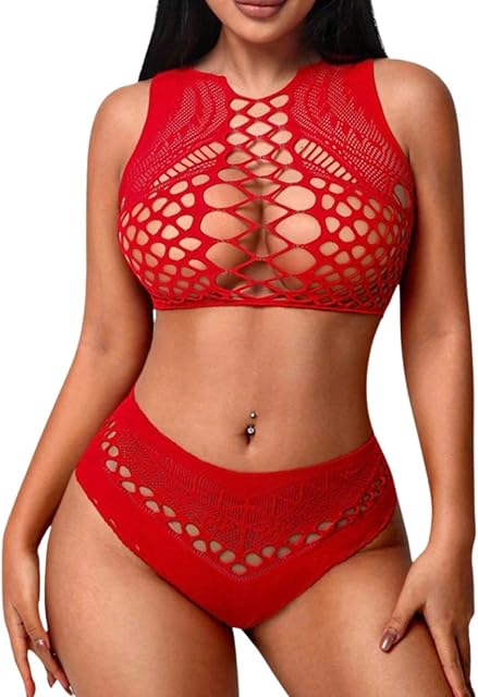 Women's Fishnet Lingerie Set Sexy Stretchy Mesh 2-Piece Sleeveless Crop Top and Panty Bodysuit Clubwear Outfit