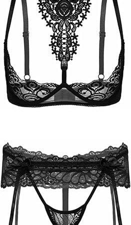 Womens Sexy Halter Choker Caged Bra and Panty Set Floral Lace Lingerie with Garter Belts