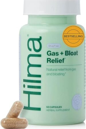 Hilma Natural Gas and Bloating Relief for Women, Doctor Formulated with Organic Ingredients, Lemon Balm, Fennel and Peppermint Leaf, 50 Vegan Capsules