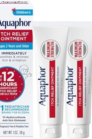 Aquaphor Children's Itch Relief Ointment, 1% Hydrocortisone Anti Itch Ointment for Skin Irritation, Insect Bites, Psoriasis, Skin Rashes Eczema & Poison Ivy, Fragrance Free, 1 Oz Tube, Pack of 2