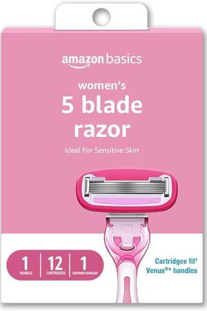 Amazon Basics Women's 5 Blade FITS Razor for Women, FITS Amazon Basics Handle and Venus Handles, Includes 1 FITS Handle, 12 Cartridges & 1 Shower Hanger