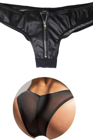Women Zippered Panties Sexy Faux Leather Thongs Back Slutty Hipster Lingerie Underwear Shorts for Rave Dance Club