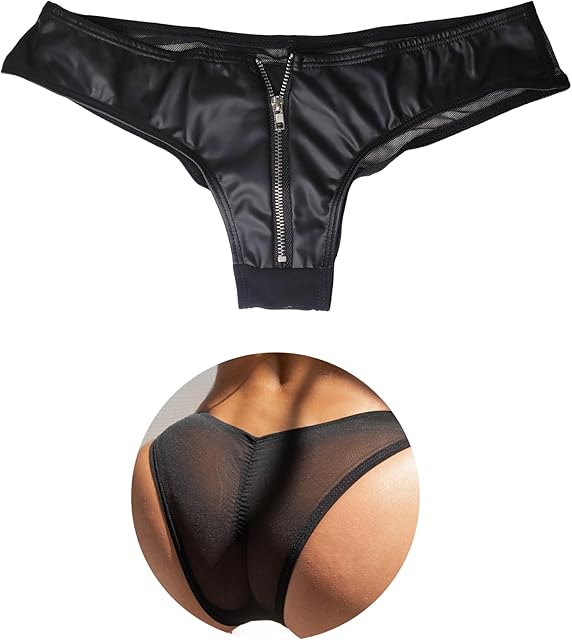 Women Zippered Panties Sexy Faux Leather Thongs Back Slutty Hipster Lingerie Underwear Shorts for Rave Dance Club