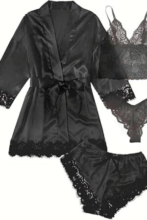 Womens Silk Pajamas Robes Set 4PACKS Sexy Pjs Cami Shorts Satin Sleepwear Lace Loungewear (US, Alpha, Small, Regular, Regular, Black)
