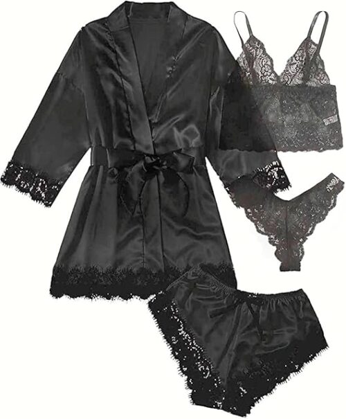 Womens Silk Pajamas Robes Set 4PACKS Sexy Pjs Cami Shorts Satin Sleepwear Lace Loungewear (US, Alpha, Small, Regular, Regular, Black)