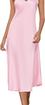 Women Long Satin Nightgown Silk Slips Dress Sexy V Neck Sleepwear Sleeveless Nightshirt Wide Strap Chemise