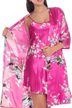 Women's Satin Nightgown with Robes Set 2 Piece Sleepwear Sexy Slip Gown Pajamas Set Silky Cami Nightwear