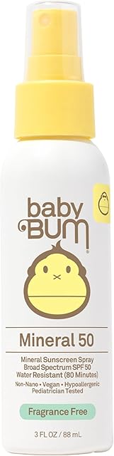 Baby Bum SPF 50 Sunscreen Spray | Mineral UVA/UVB Face and Body Protection for Sensitive Skin | Fragrance Free | Travel Size | 3 FL OZ