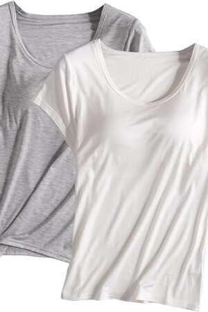 2PCS T-Shirt with Built-in Bra Women Workout Yoga Tops Short Sleeve Padded Bras Soft Pajama Plus Size Athletic Shirts