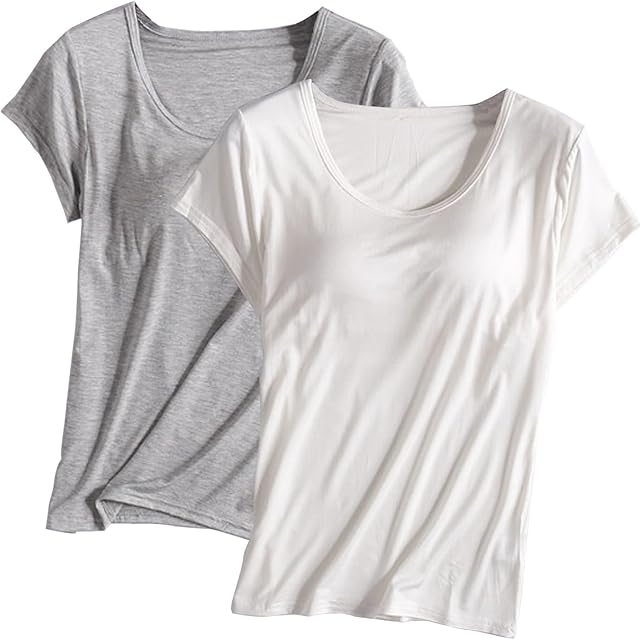 2PCS T-Shirt with Built-in Bra Women Workout Yoga Tops Short Sleeve Padded Bras Soft Pajama Plus Size Athletic Shirts
