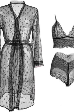 Women Sexy Lingerie Set 3 Piece Babydoll & Lace Kimono Robe Strap with Teddy Lingerie Bodysuit
