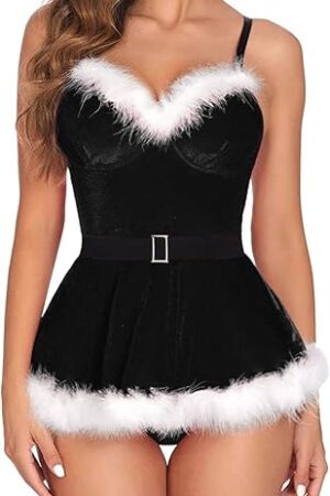 Womens Christmas Lingerie Red Santa Babydolls Chemises Set Sexy Chemise Sleepwear with Belt