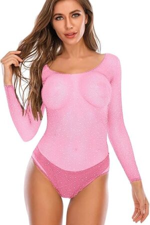 Women Off Shoulder Sparkle Rhinestone Teddy Fishnet One Piece Bodysuit Top Mesh See Through Babydoll Lingerie Clubwear