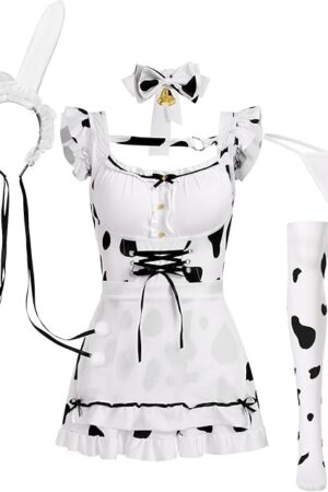 Women Sexy Bunny Cow Maid Dress Headband Choker G-string Panties Stockings 6PCS Set Halloween Cosplay Lingerie Costume